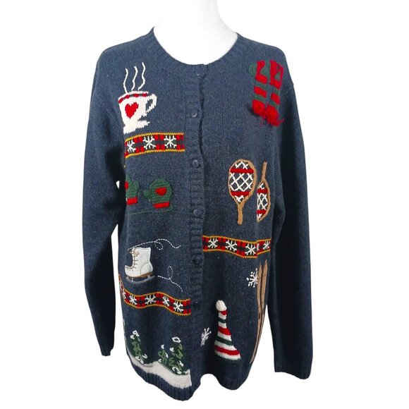 Quaker Factory Novelty Cardigan, Dark Gray Ski Winter Theme, SZ M, Holiday Cabin - Picture 1 of 14